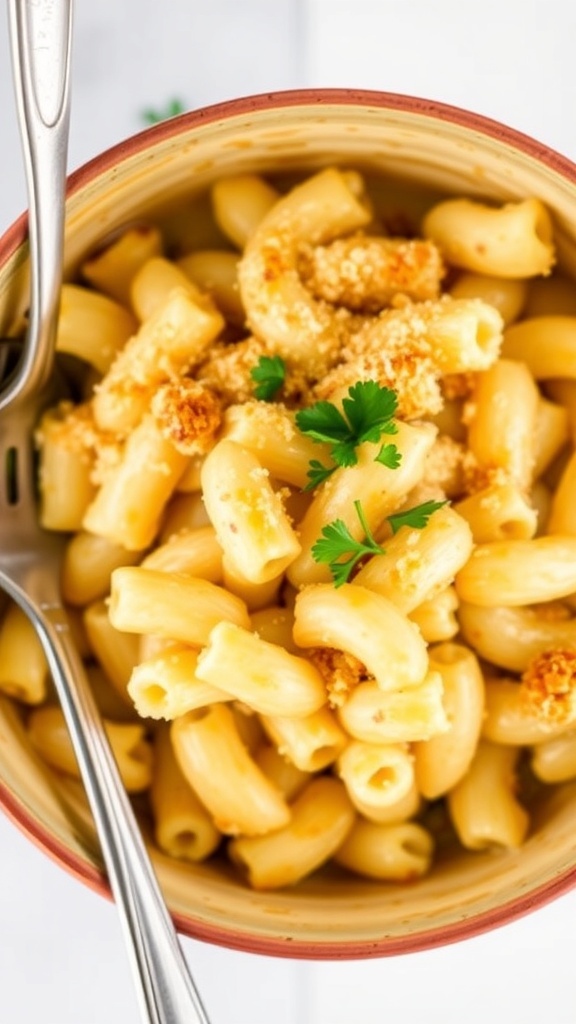 A baked mac and cheese with a crispy breadcrumb topping, served in a rustic bowl.